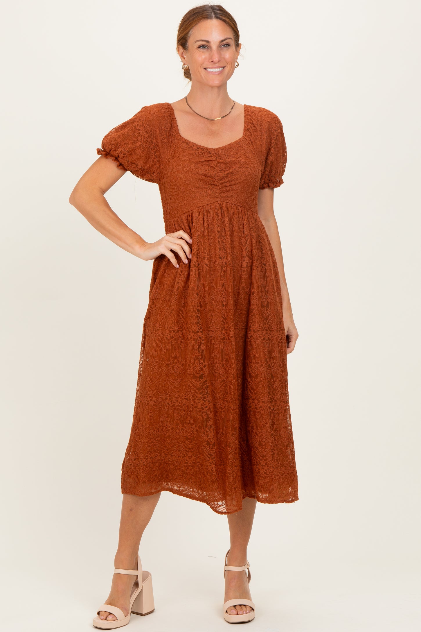 Rust Embroidered Mesh Short Sleeve Midi Dress