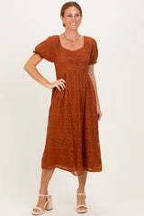 Rust Embroidered Mesh Short Sleeve Maternity Midi Dress