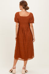 Rust Embroidered Mesh Short Sleeve Midi Dress