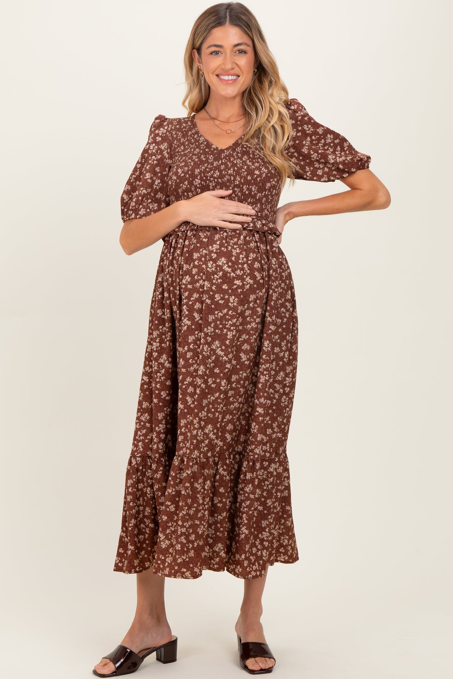Brown Floral Smocked Short Sleeve Maternity Midi Dress