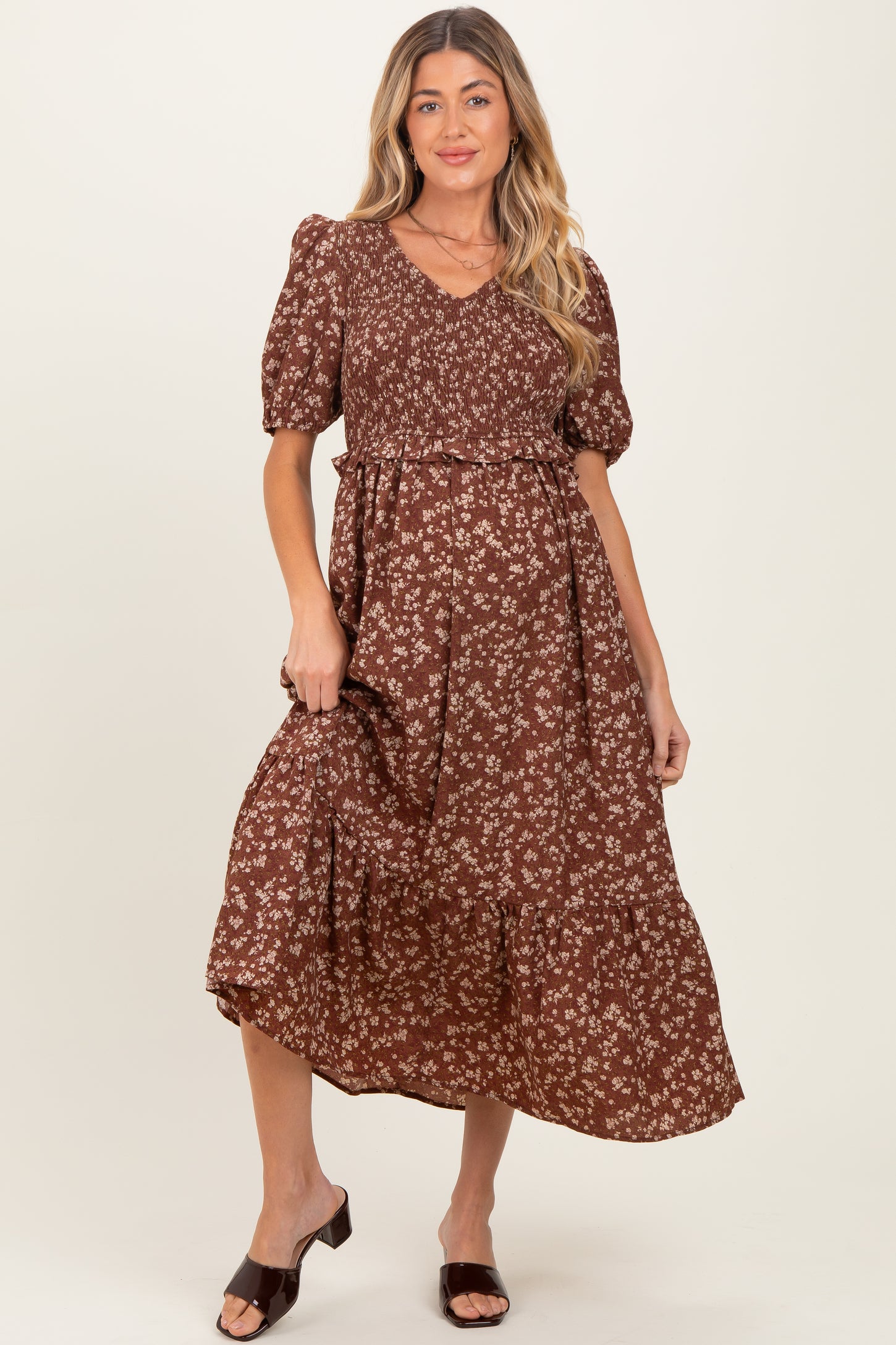 Brown Floral Smocked Short Sleeve Maternity Midi Dress