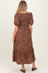 Brown Floral Smocked Short Sleeve Maternity Midi Dress
