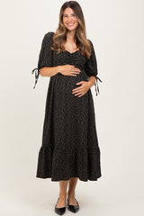 Black Floral Tie Sleeve Maternity Midi Dress