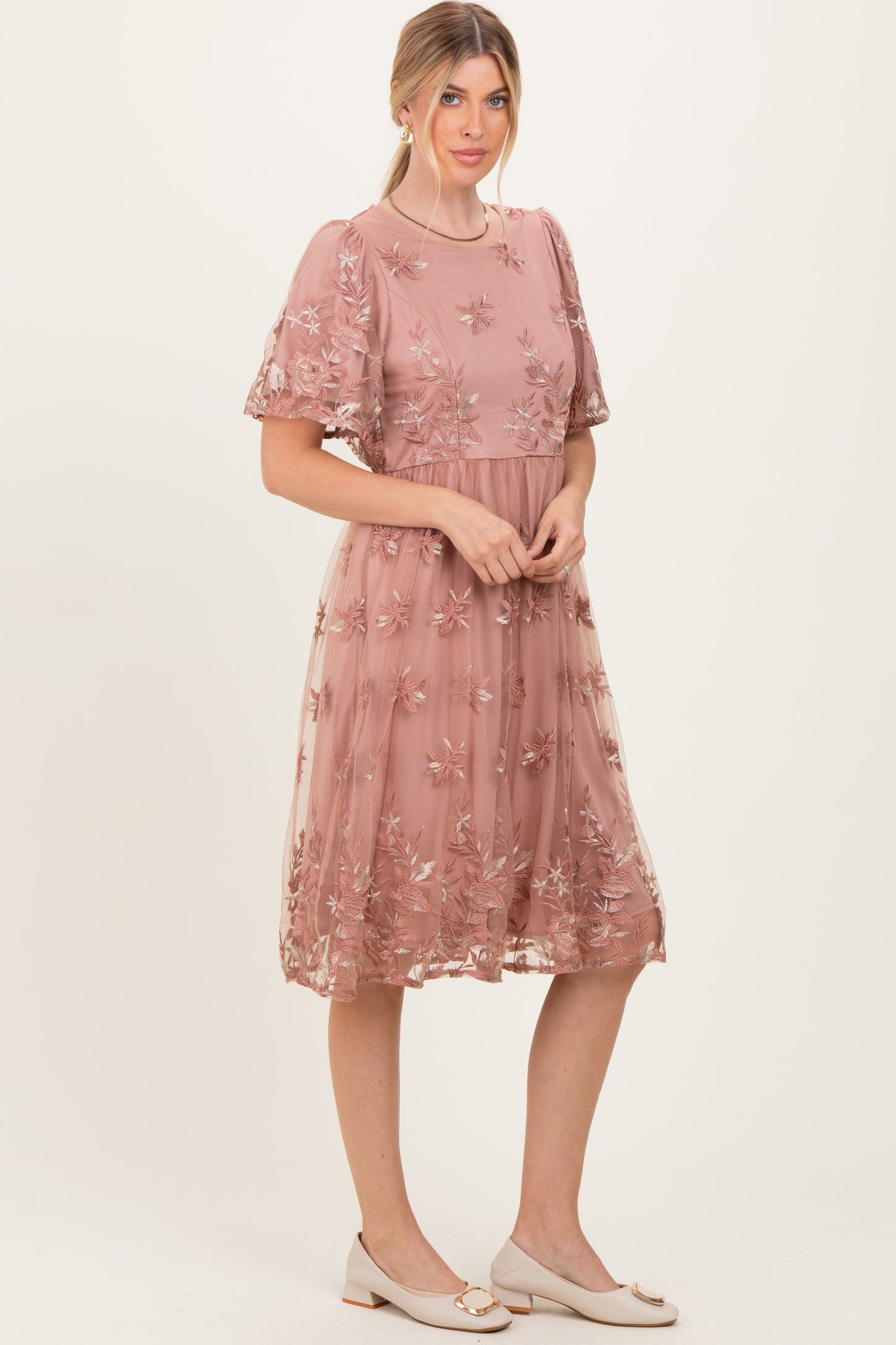 Light Pink Floral Embroidered Mesh Midi Dress