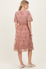 Light Pink Floral Embroidered Mesh Midi Dress