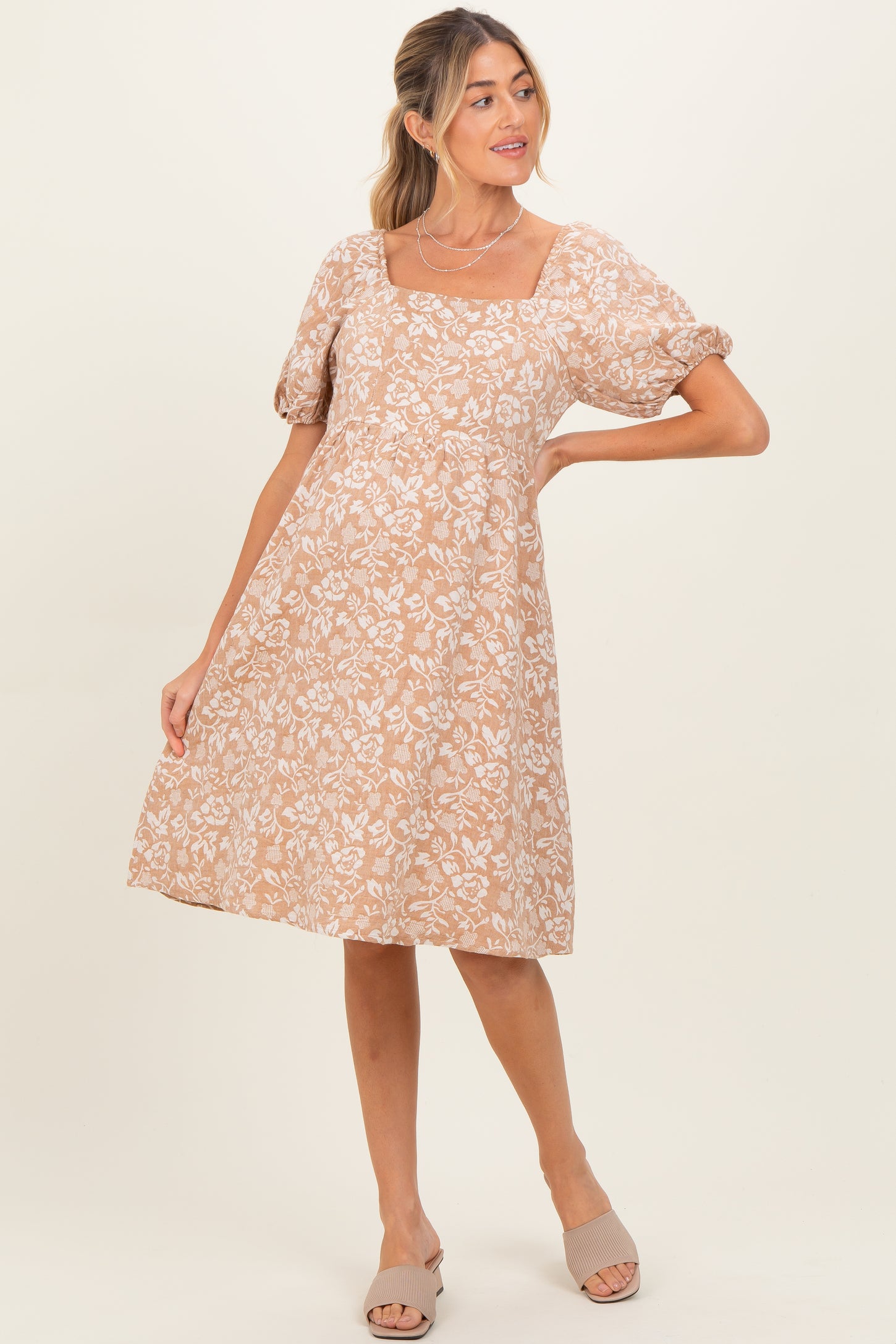 Taupe Floral Jacquard Square Neck Maternity Dress