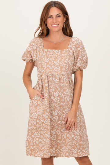Taupe Floral Jacquard Square Neck Dress