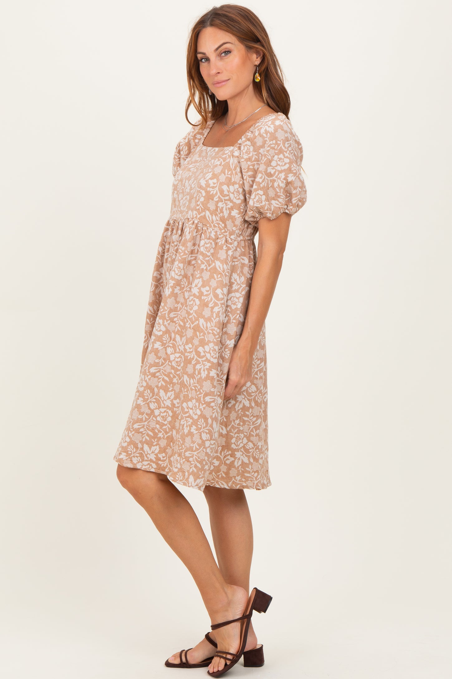 Taupe Floral Jacquard Square Neck Dress