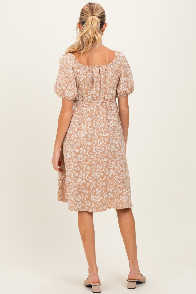 Taupe Floral Jacquard Square Neck Maternity Dress