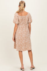 Taupe Floral Jacquard Square Neck Maternity Dress