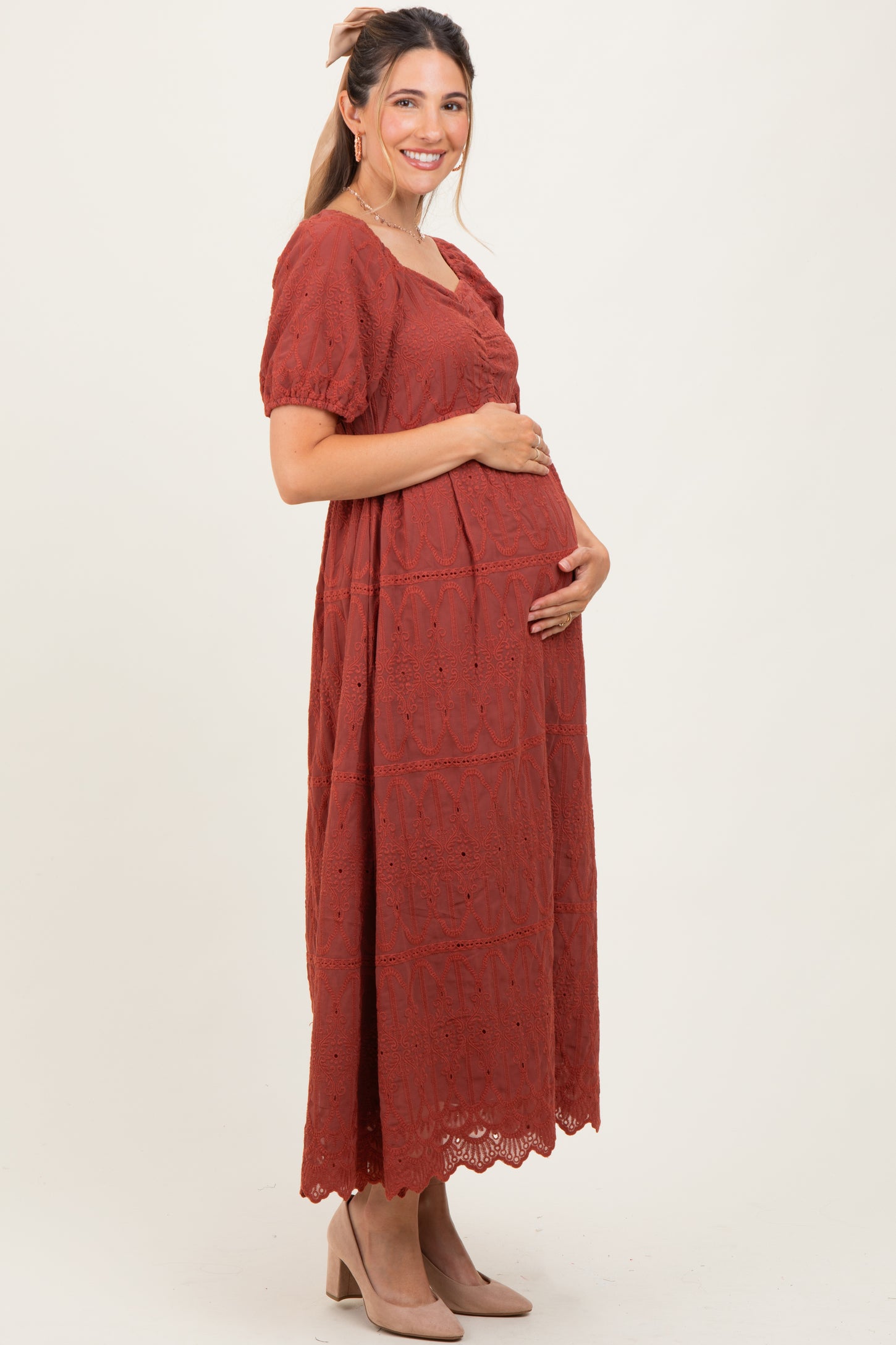 Rust Floral Embroidered Chiffon Maternity Midi Dress