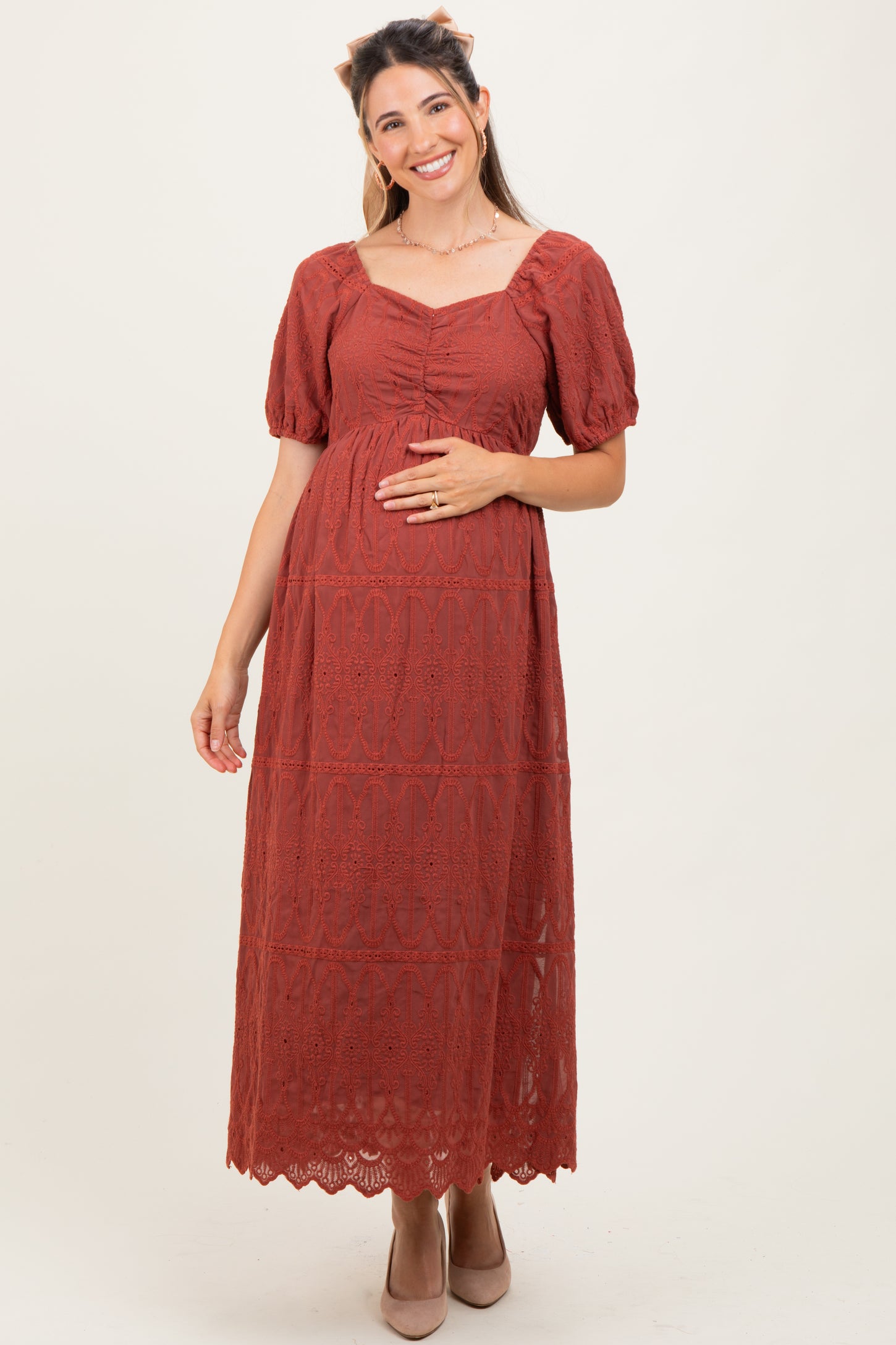Rust Floral Embroidered Chiffon Maternity Midi Dress