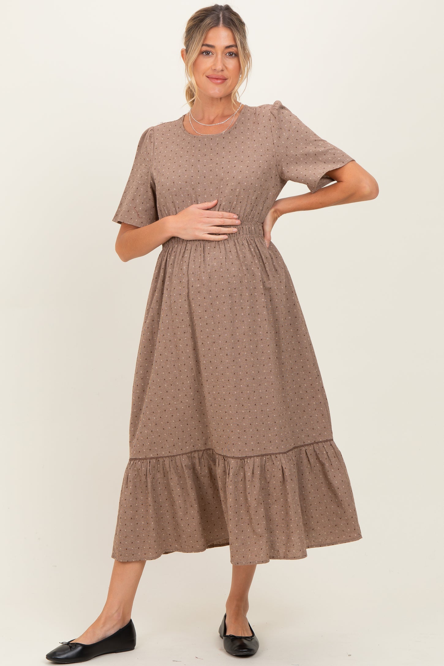 Brown Houndstooth Lace Maternity Midi Dress