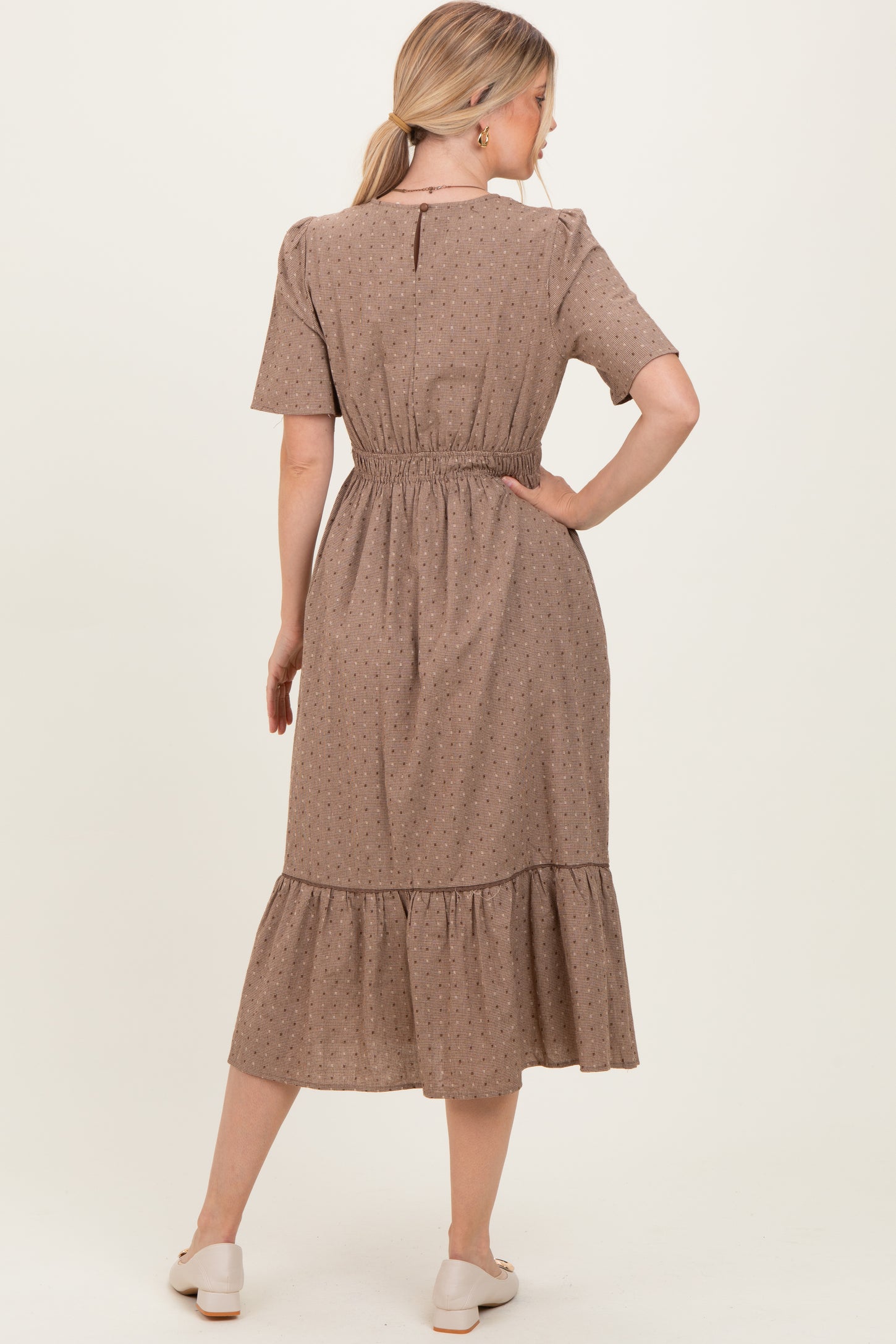 Brown Houndstooth Lace Midi Dress