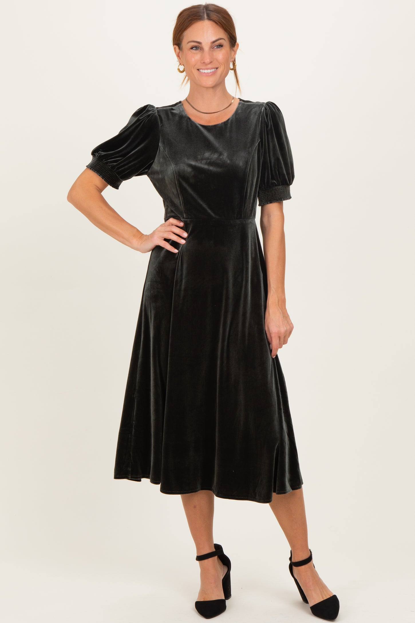 Olive Velvet Short Sleeve Midi Dress