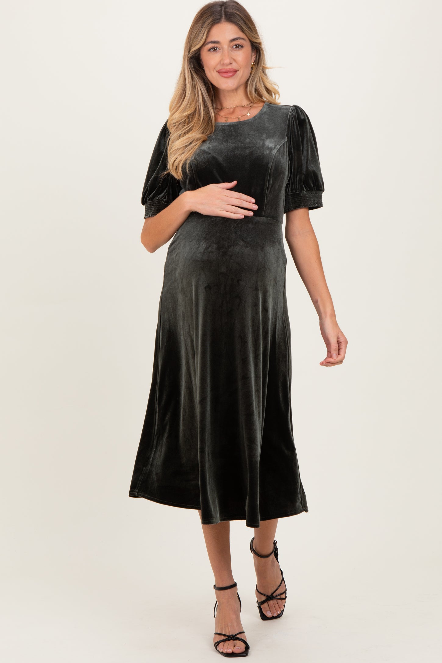 Olive Velvet Short Sleeve Maternity Midi Dress