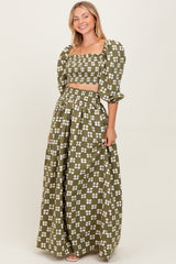 Olive Printed Smocked Crop Top Maxi Skirt Maternity Set