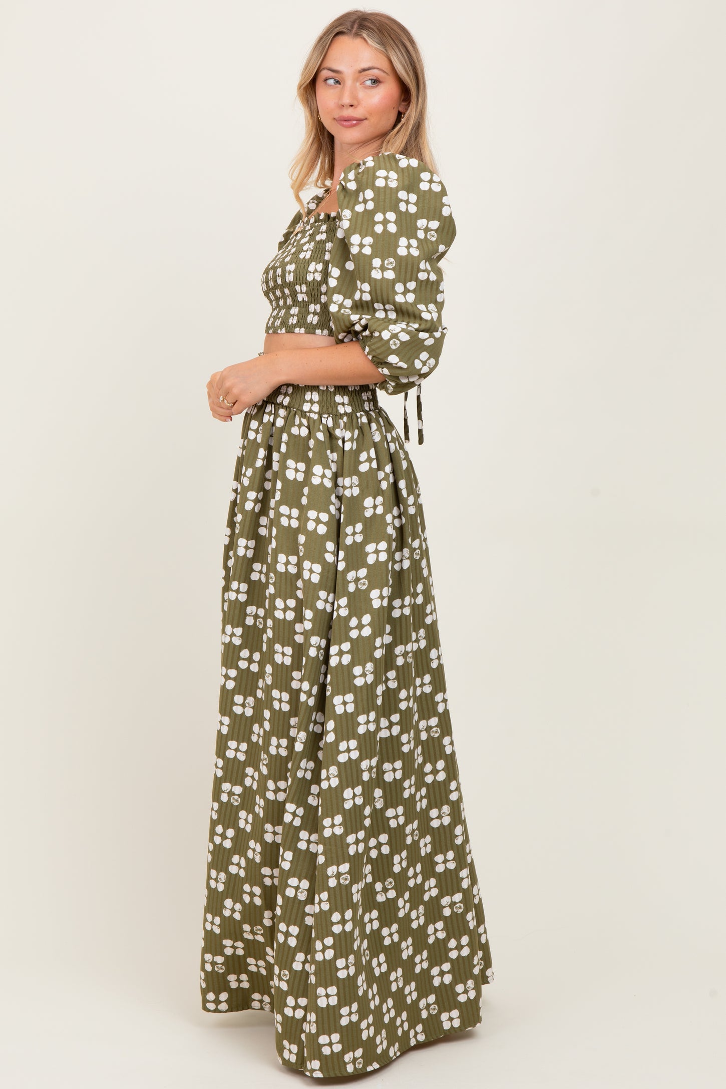 Olive Printed Smocked Crop Top Maxi Skirt Set