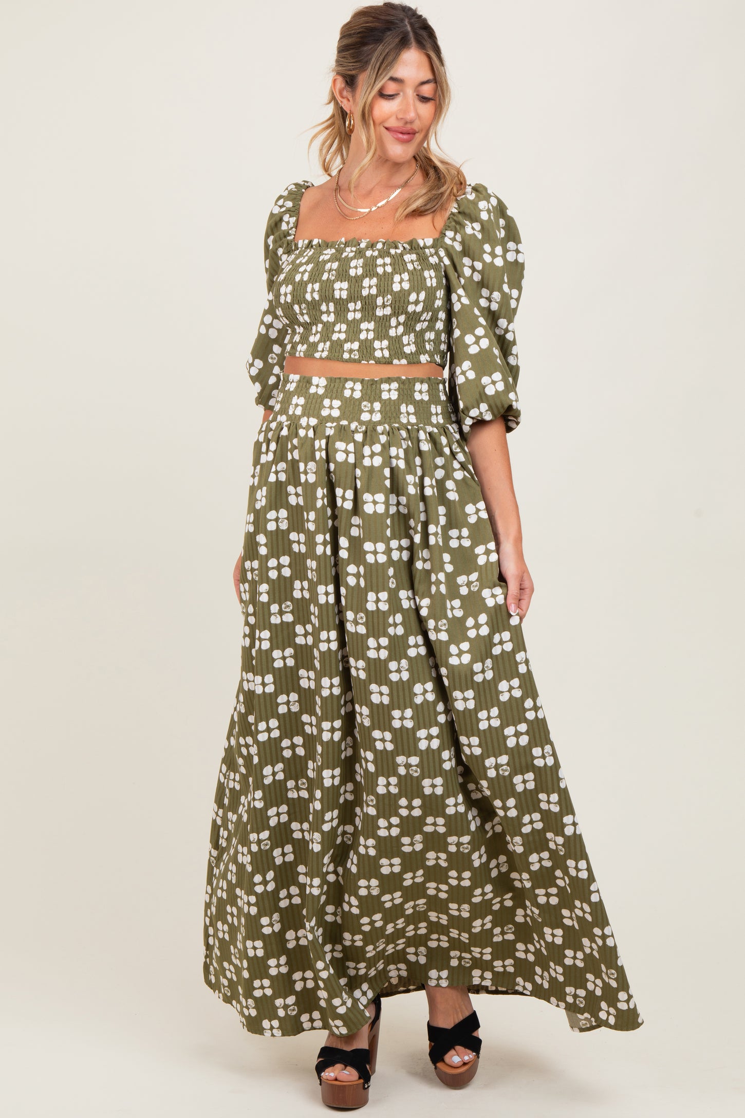 Olive Printed Smocked Crop Top Maxi Skirt Maternity Set