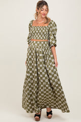 Olive Printed Smocked Crop Top Maxi Skirt Maternity Set