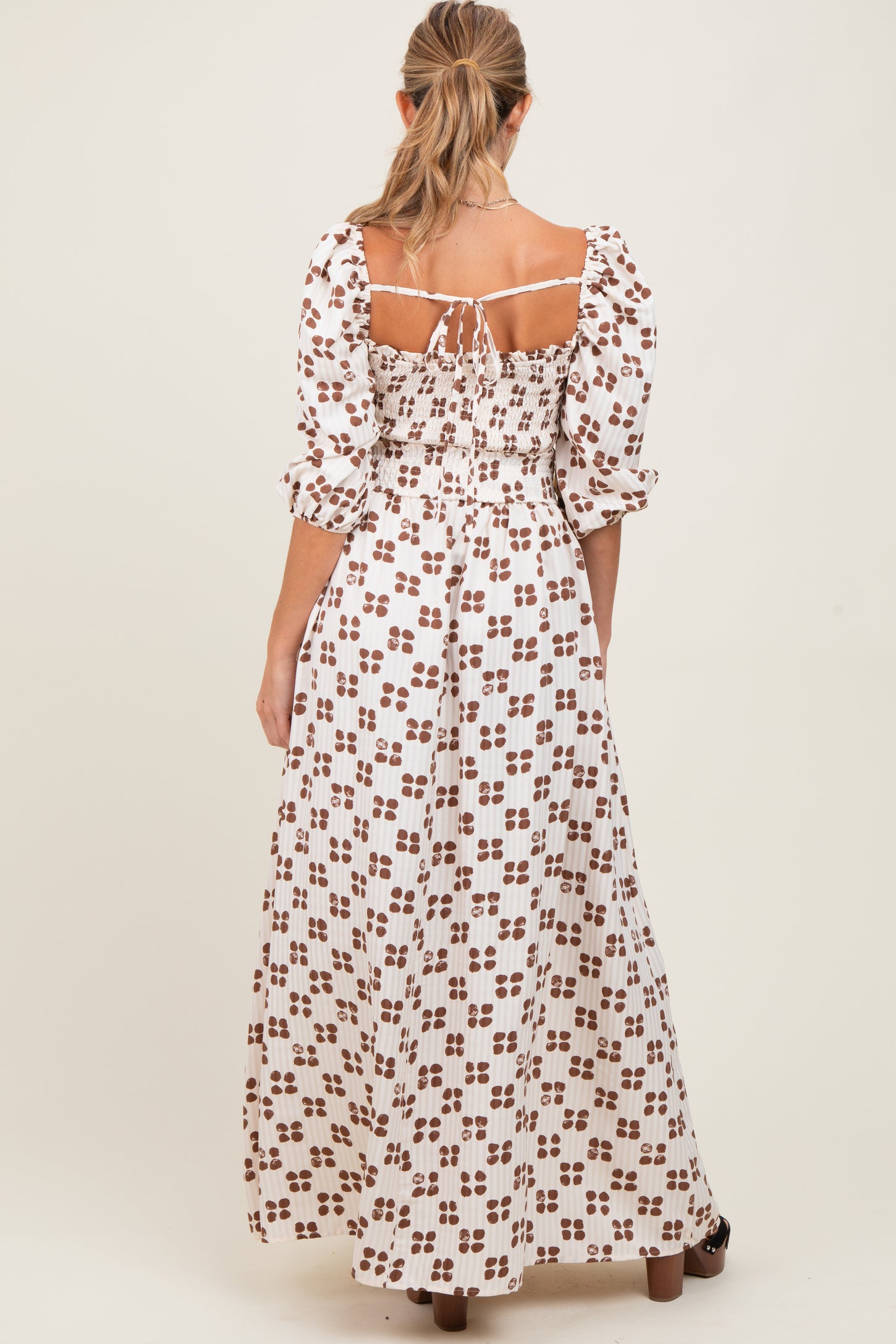 Brown Printed Smocked Crop Top Maxi Skirt Maternity Set