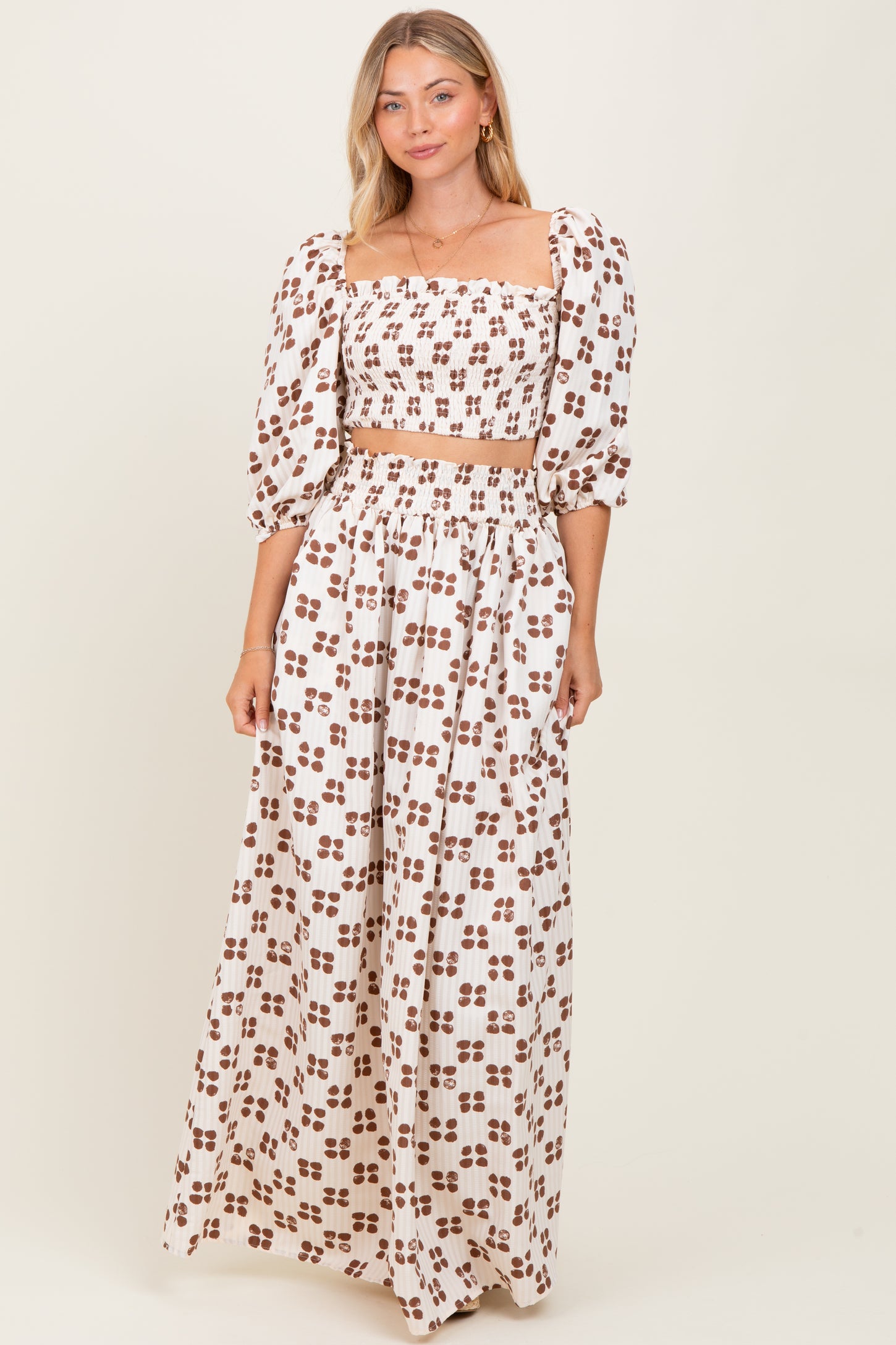 Brown Printed Smocked Crop Top Maxi Skirt Set