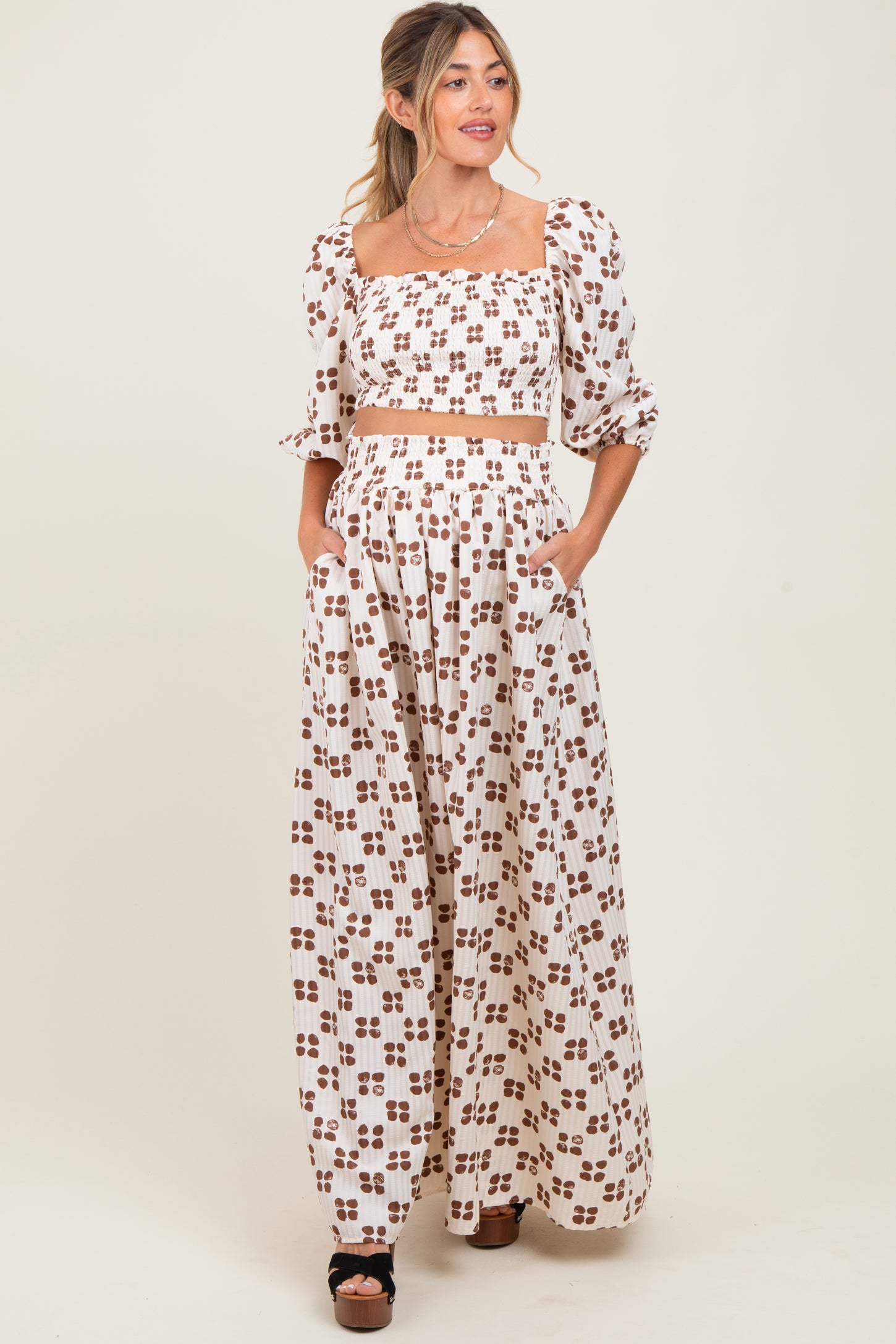 Brown Printed Smocked Crop Top Maxi Skirt Maternity Set