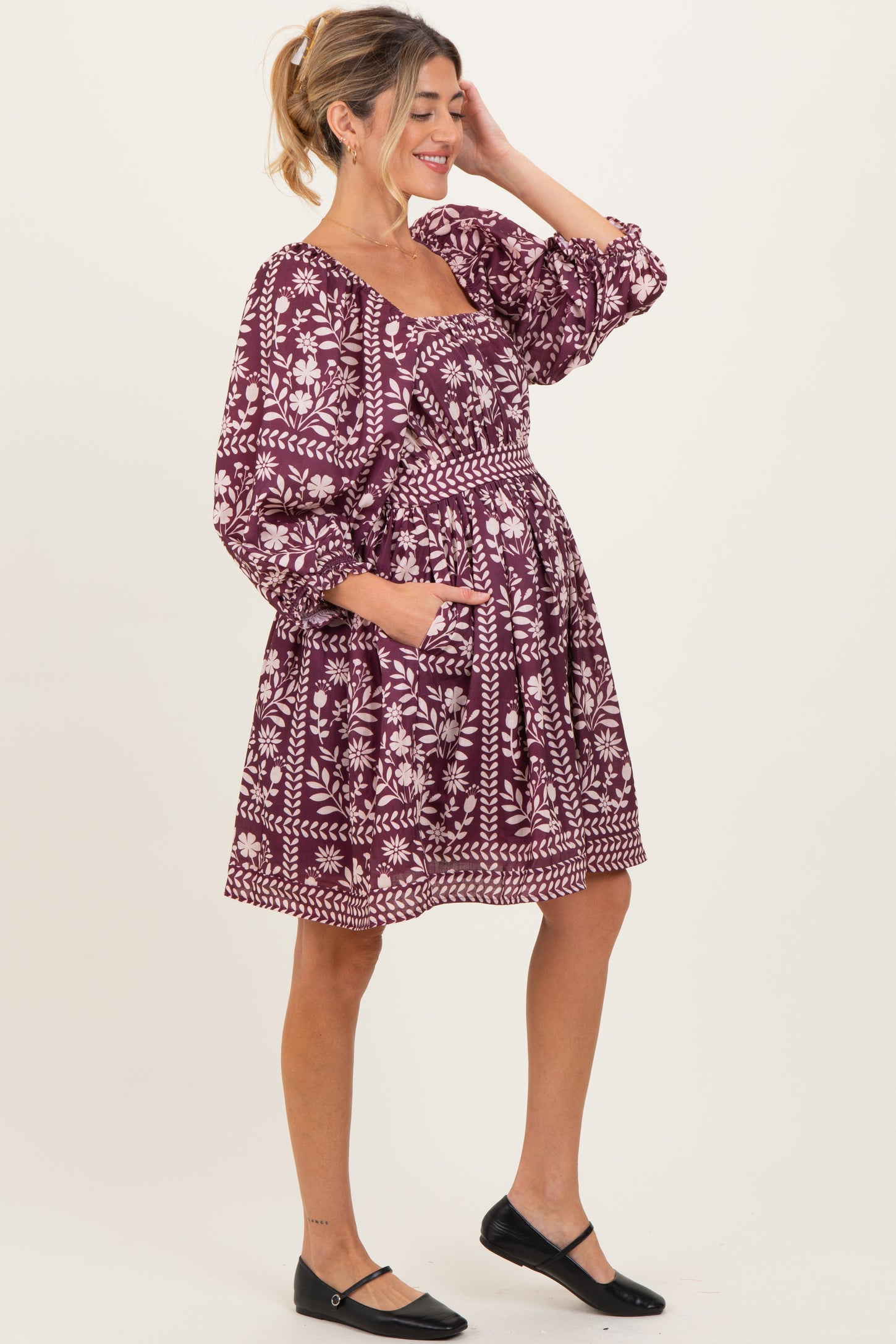 Plum Floral Square Neck Bubble Sleeve Maternity Dress
