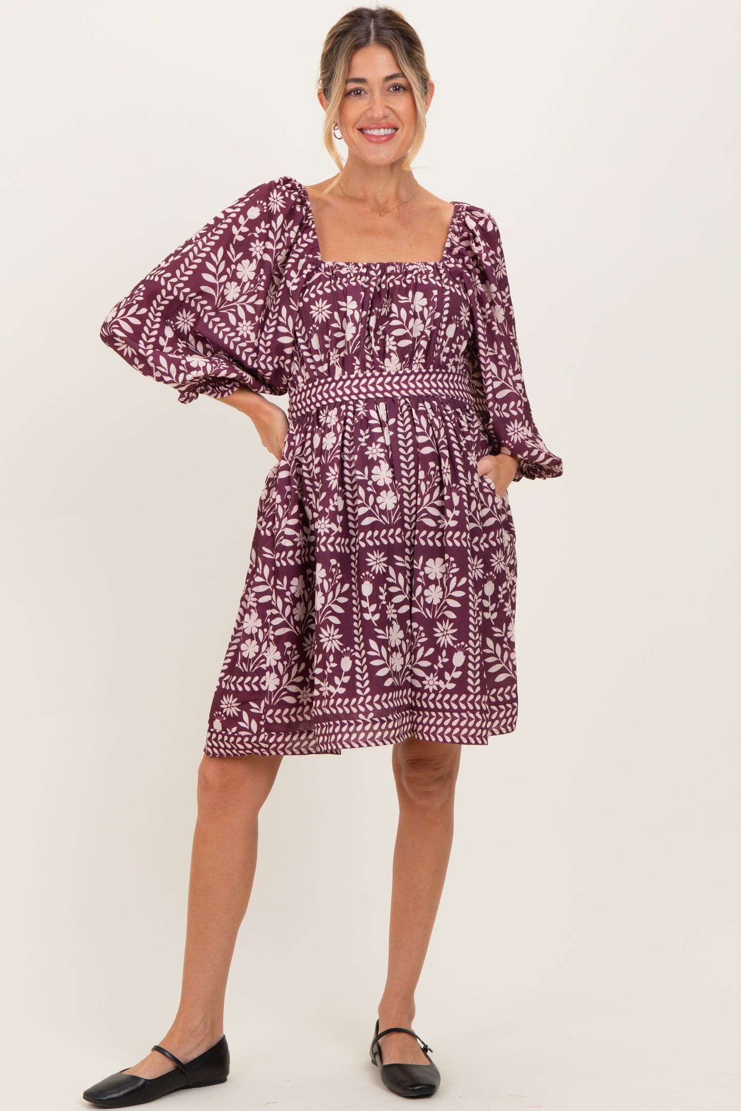 Plum Floral Square Neck Bubble Sleeve Maternity Dress