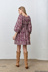 Plum Floral Square Neck Bubble Sleeve Dress