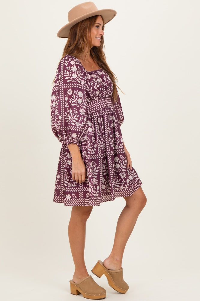 Plum Floral Square Neck Bubble Sleeve Dress