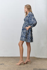 Light Navy Floral Square Neck Bubble Sleeve Dress