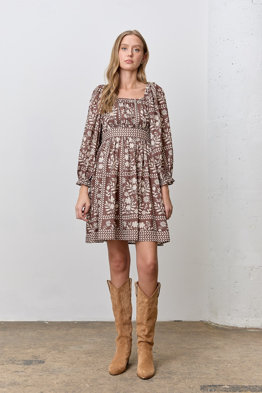 Brown Floral Square Neck Bubble Sleeve Dress