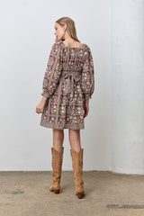 Brown Floral Square Neck Bubble Sleeve Dress