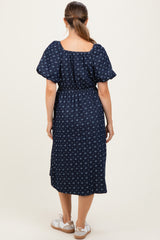 Navy Blue Floral Jacquard Denim Maternity Dress