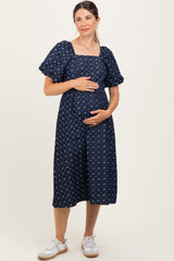 Navy Blue Floral Jacquard Denim Maternity Dress