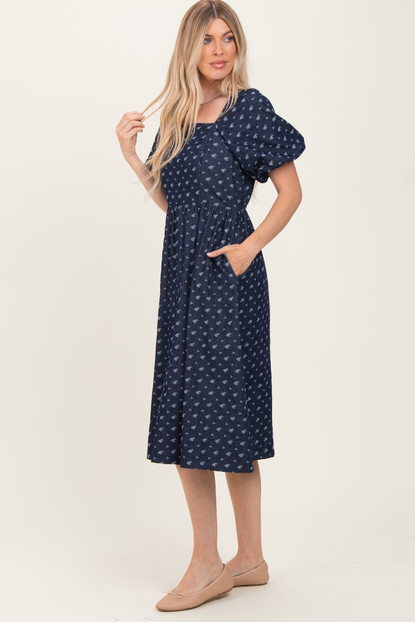 Navy Blue Floral Jacquard Denim Dress