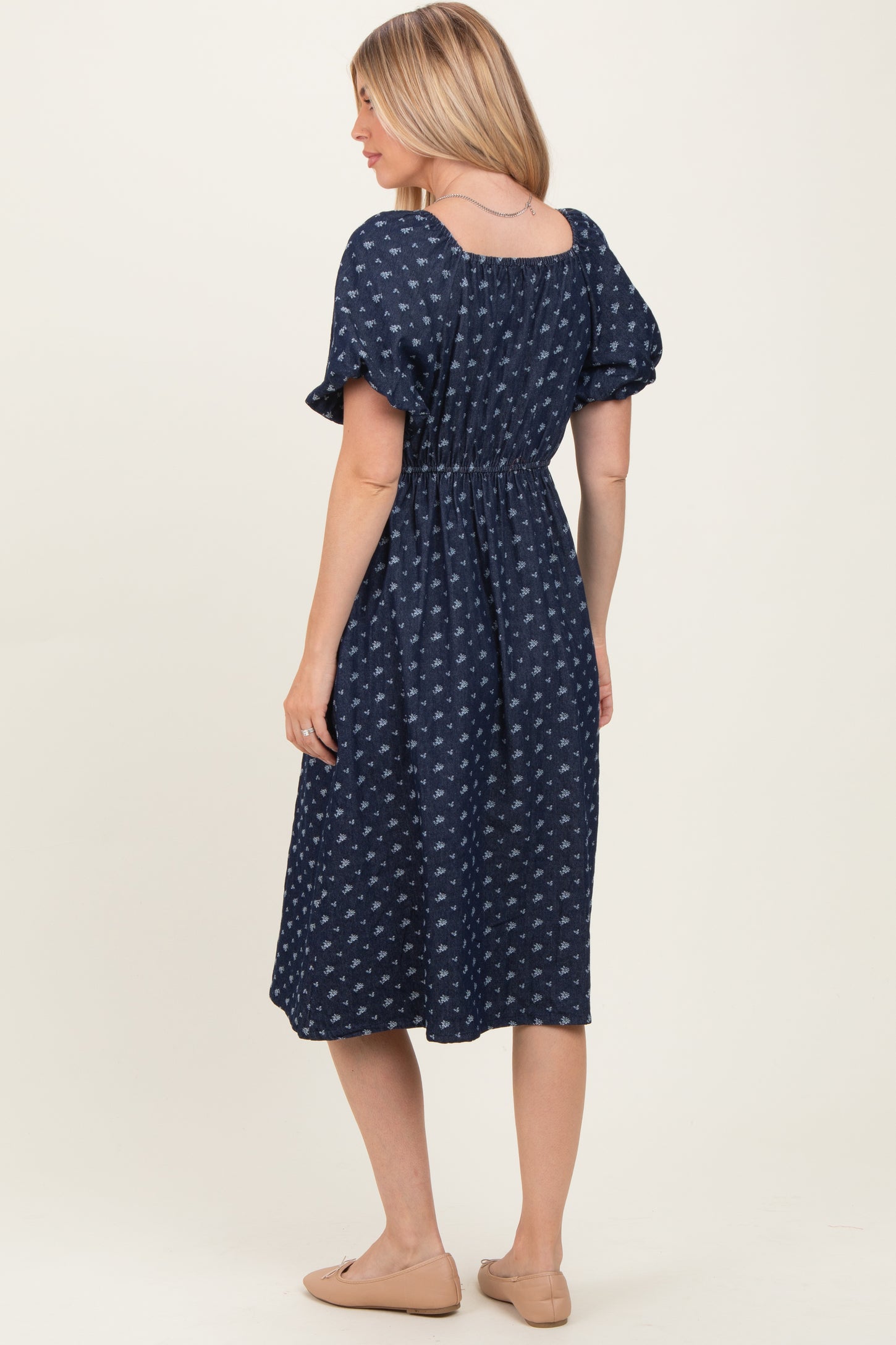 Navy Blue Floral Jacquard Denim Dress