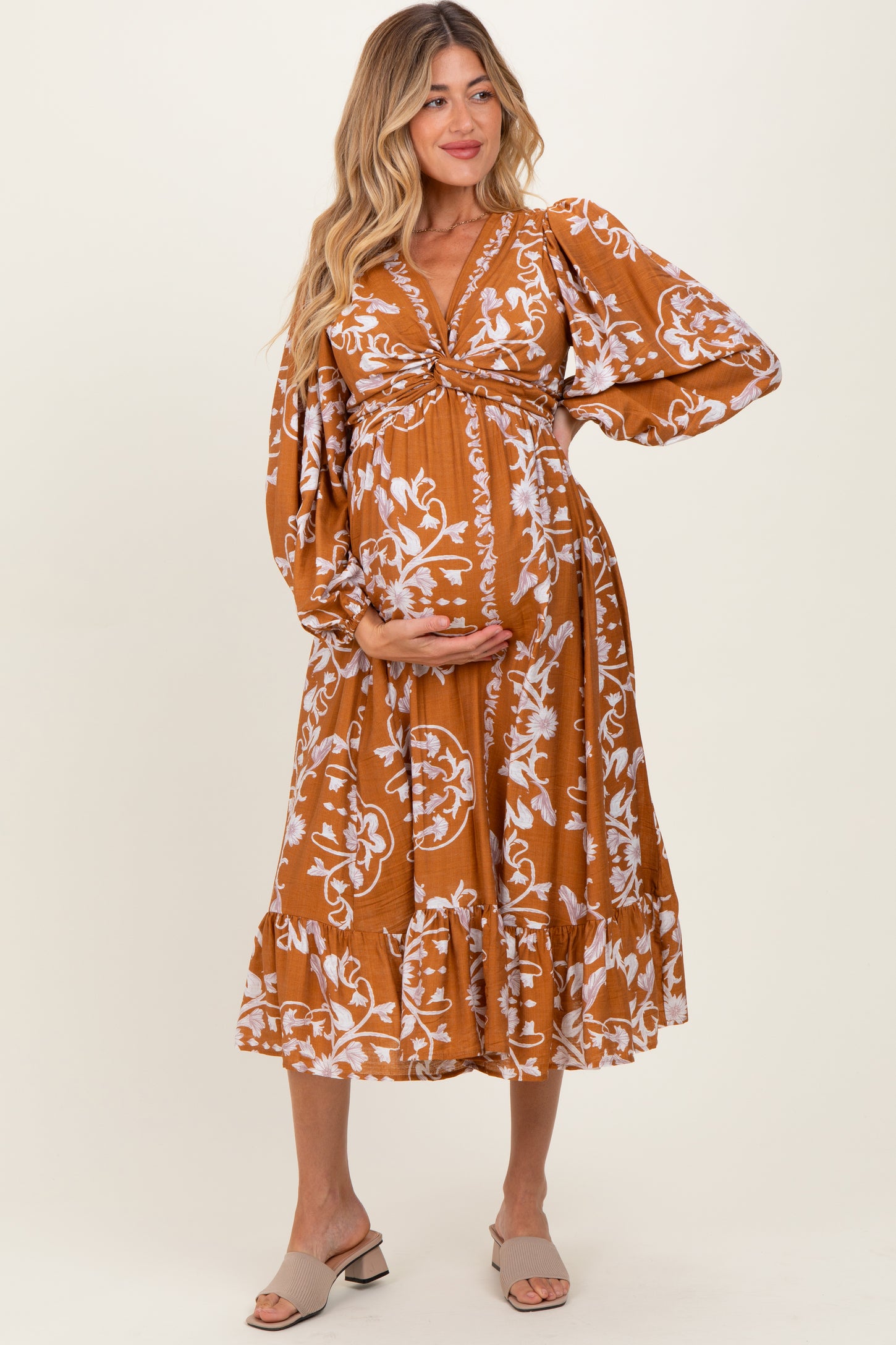 Camel Floral Twist Front Long Sleeve Maternity Midi Dress
