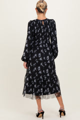 Black Floral Mesh Smocked Maternity Midi Dress