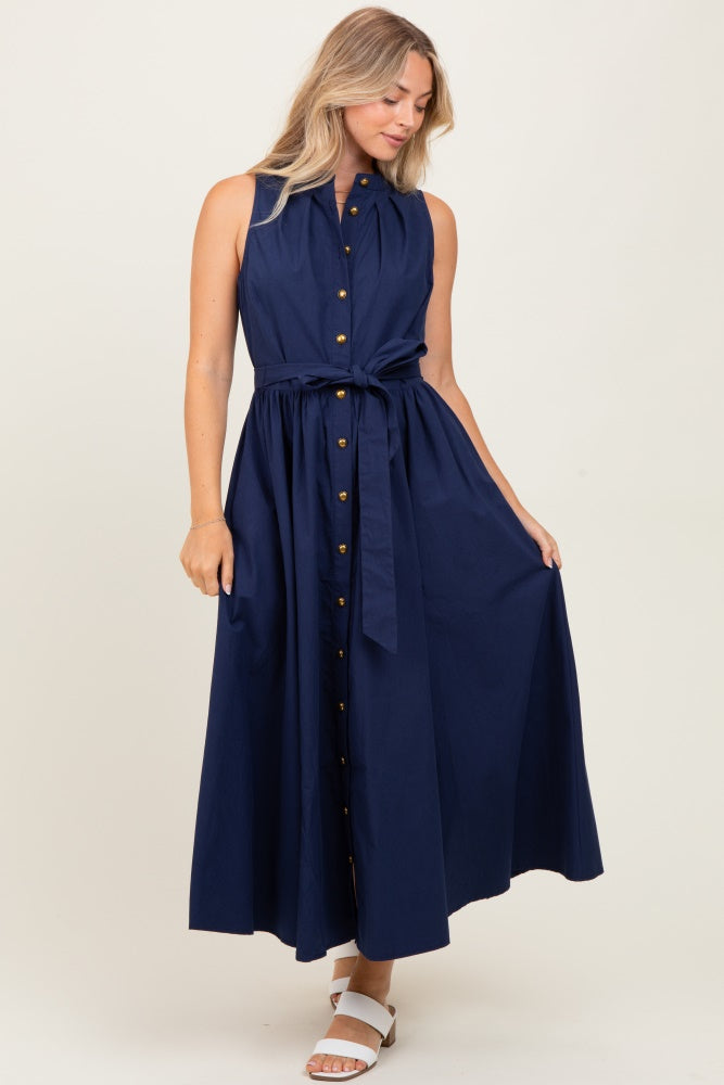 Navy Button Down Sleeveless Shirt Dress