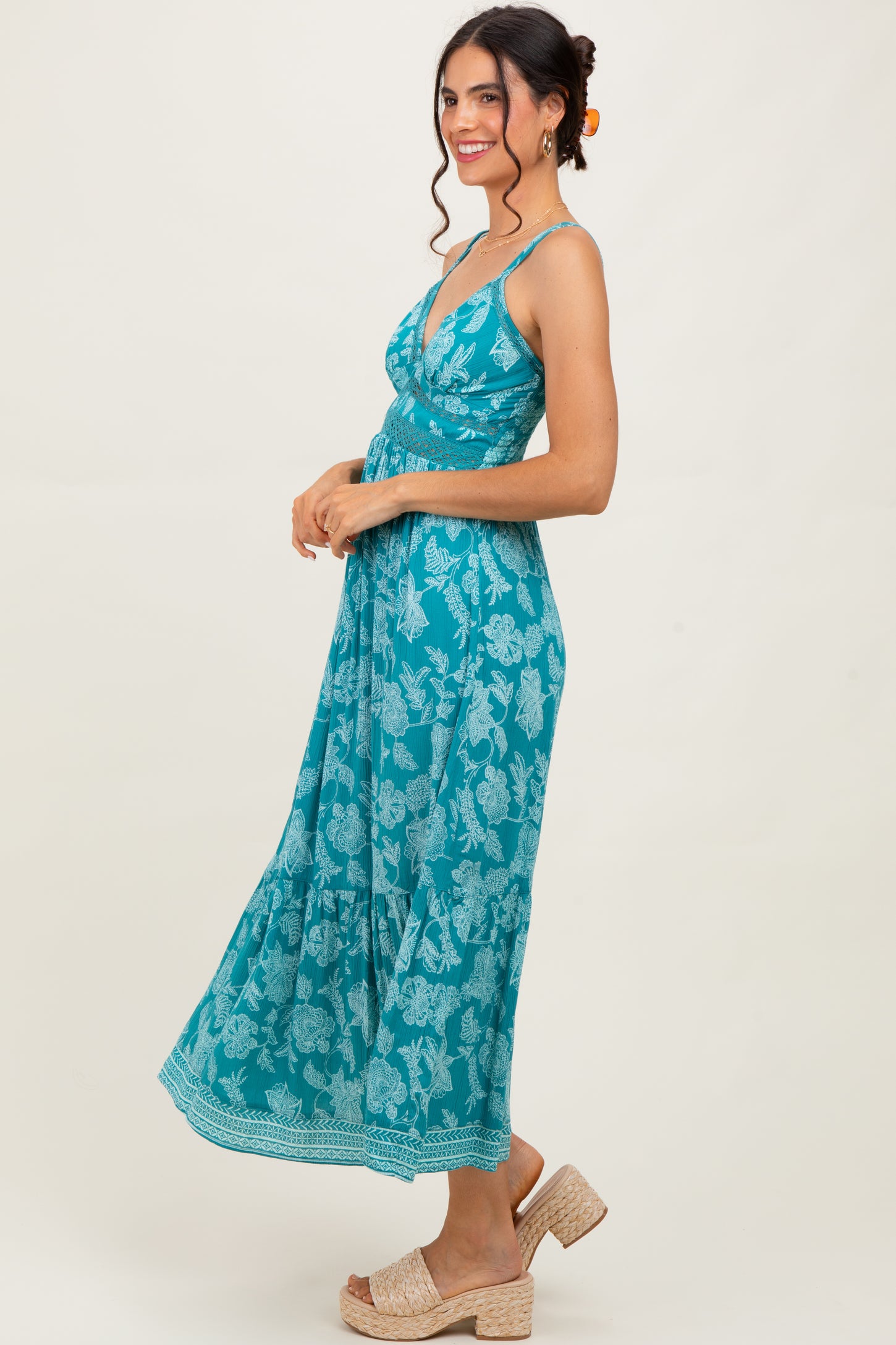 Teal Floral V-Neck Lace Trim Maxi Dress