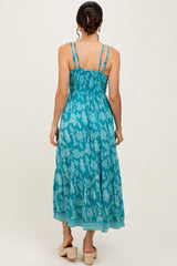 Teal Floral V-Neck Lace Trim Maxi Dress