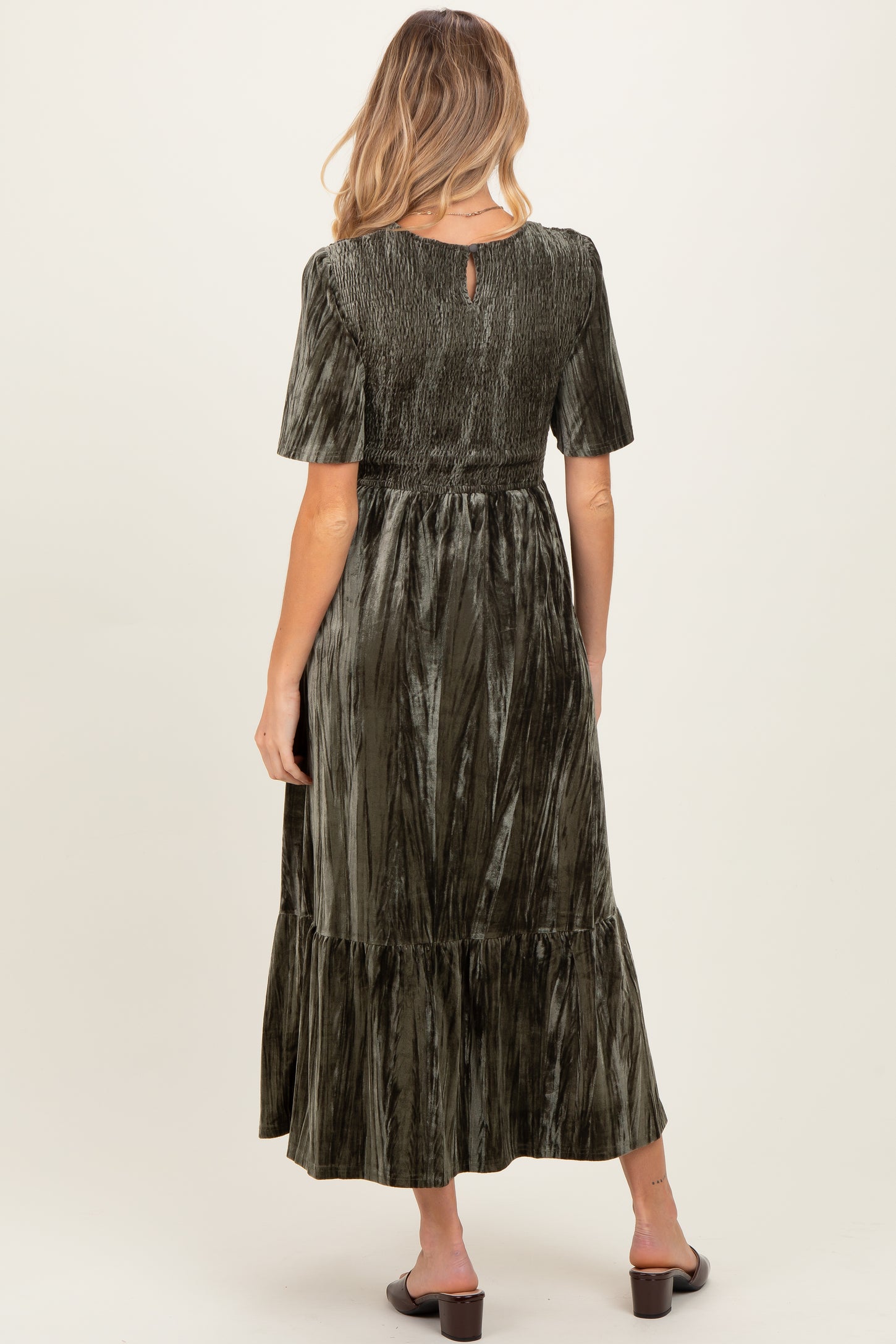 Olive Smocked Velvet Maternity MIdi Dress