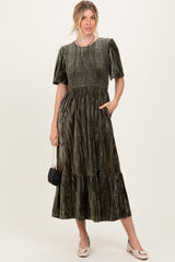 Olive Smocked Velvet Maternity MIdi Dress