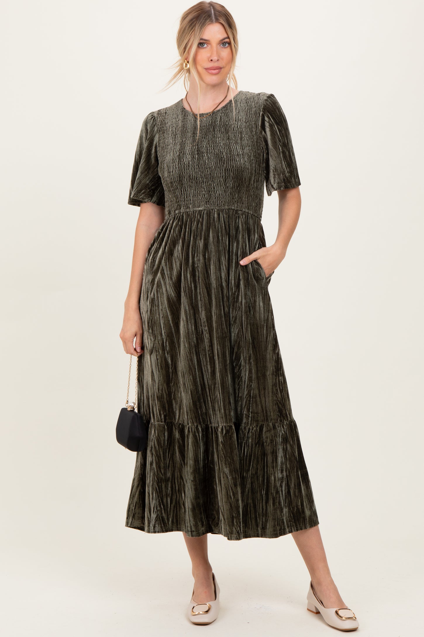 Olive Smocked Velvet Maternity MIdi Dress