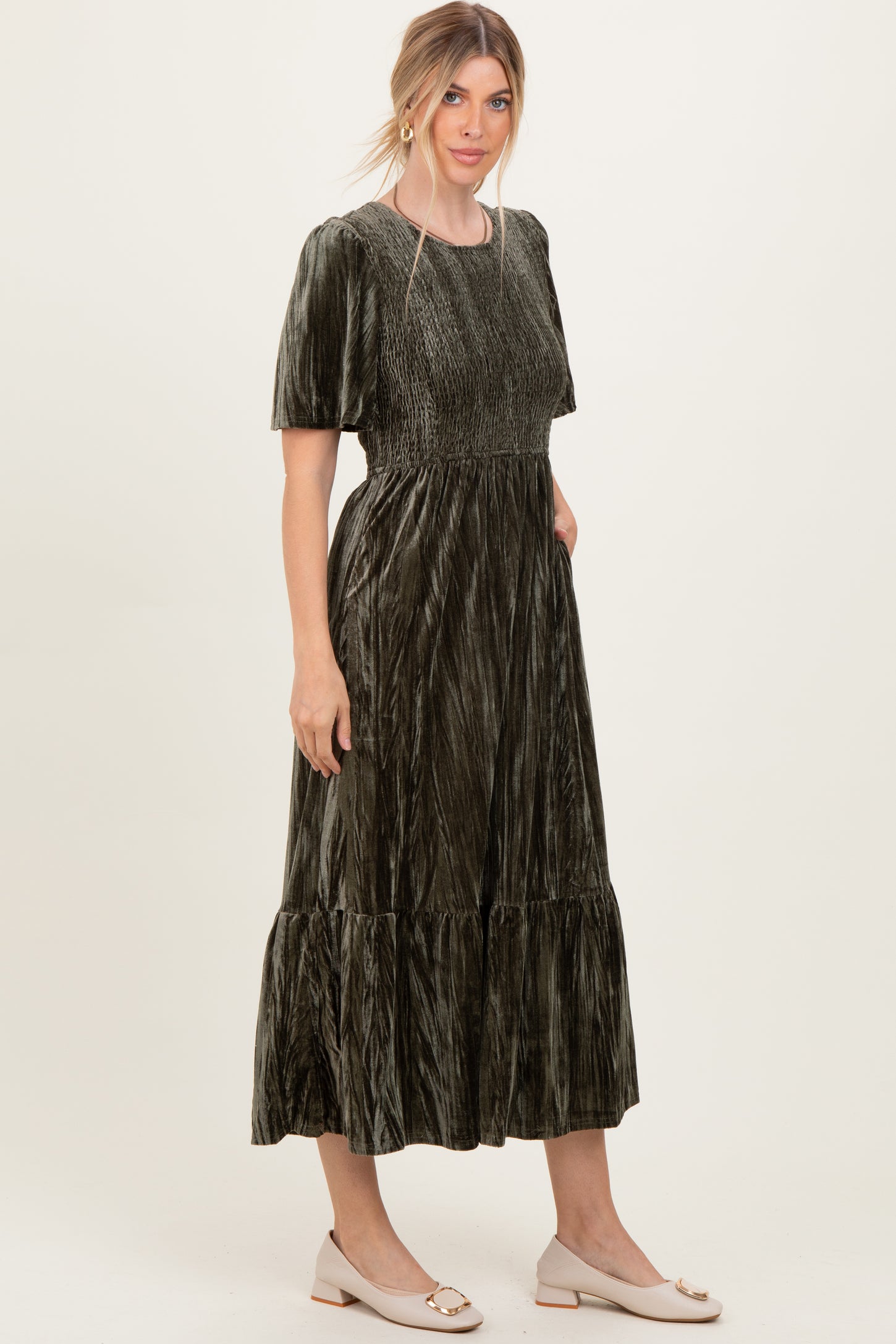 Olive Smocked Velvet MIdi Dress