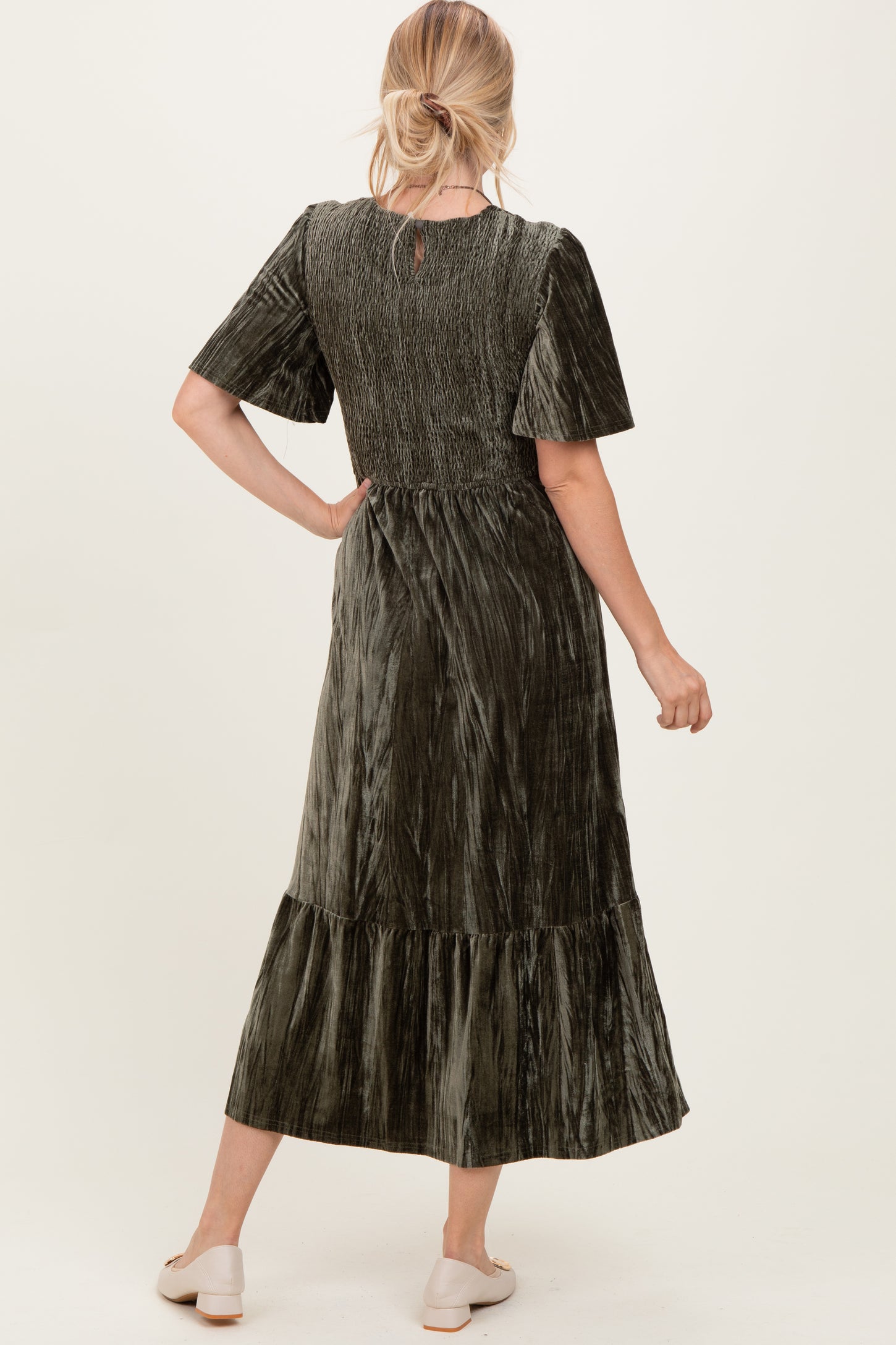 Olive Smocked Velvet MIdi Dress