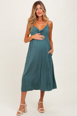 Teal Front Tie Sleeveless Maternity Midi Dress