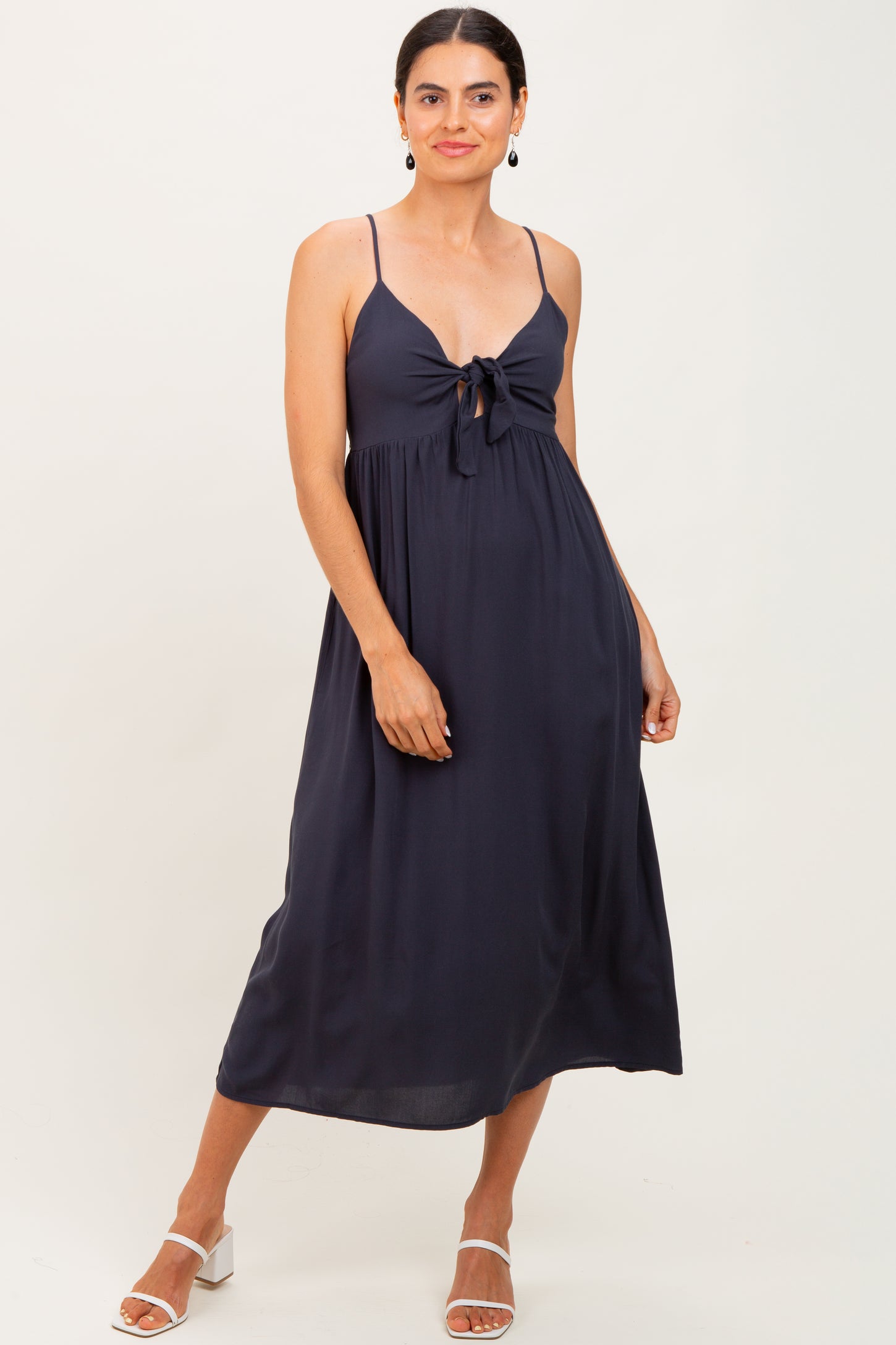 Navy Front Tie Sleeveless Midi Dress